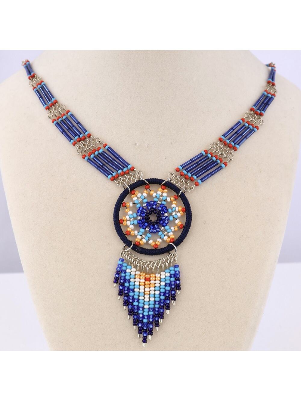 Handcrafted Seed Bead Dreamcatcher Necklace Bugle Bead Fringe Festival 22”